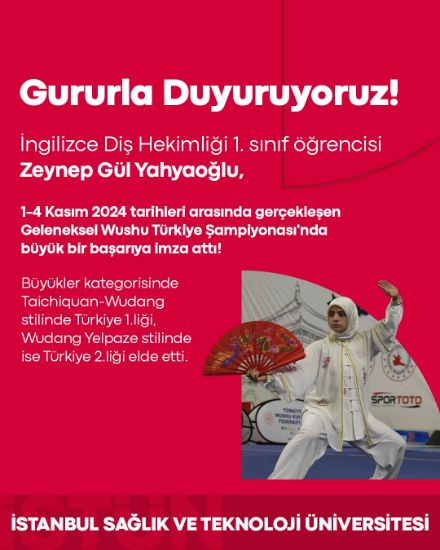 Geleneksel Wushu Türkiye Şampiyonası'nda büyük bir başarıya imza atan İngilizce Diş Hekimliği 1. sınıf öğrencisi Zeynep Gül Yahyaoğlu'nu kutluyoruz.